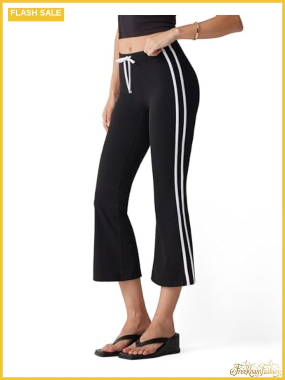 High Waisted Flare Capri Yoga Pants with Side Stripe Drawstring Bootcut Leggings
